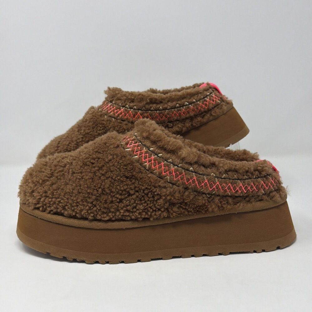 UGG Tazz Platform Clog Slippers Womens 7 Brown Pink Braid Hardwood